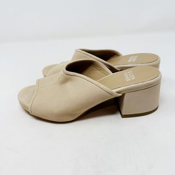 Eileen Fisher 5.5 Cream Lino Leather Fala Block Heel Sandals Slip On V Shape - Picture 6 of 10